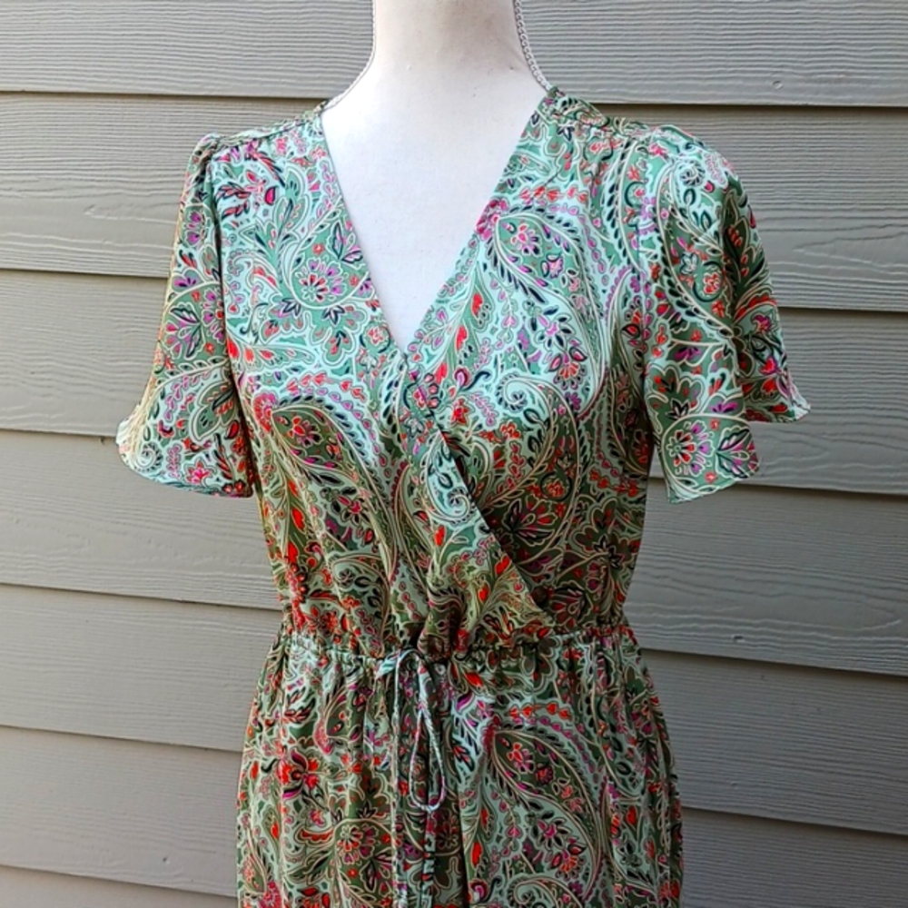 Beautiful faux silk dress from Loft, jewel colors, midi length, faux wrap style